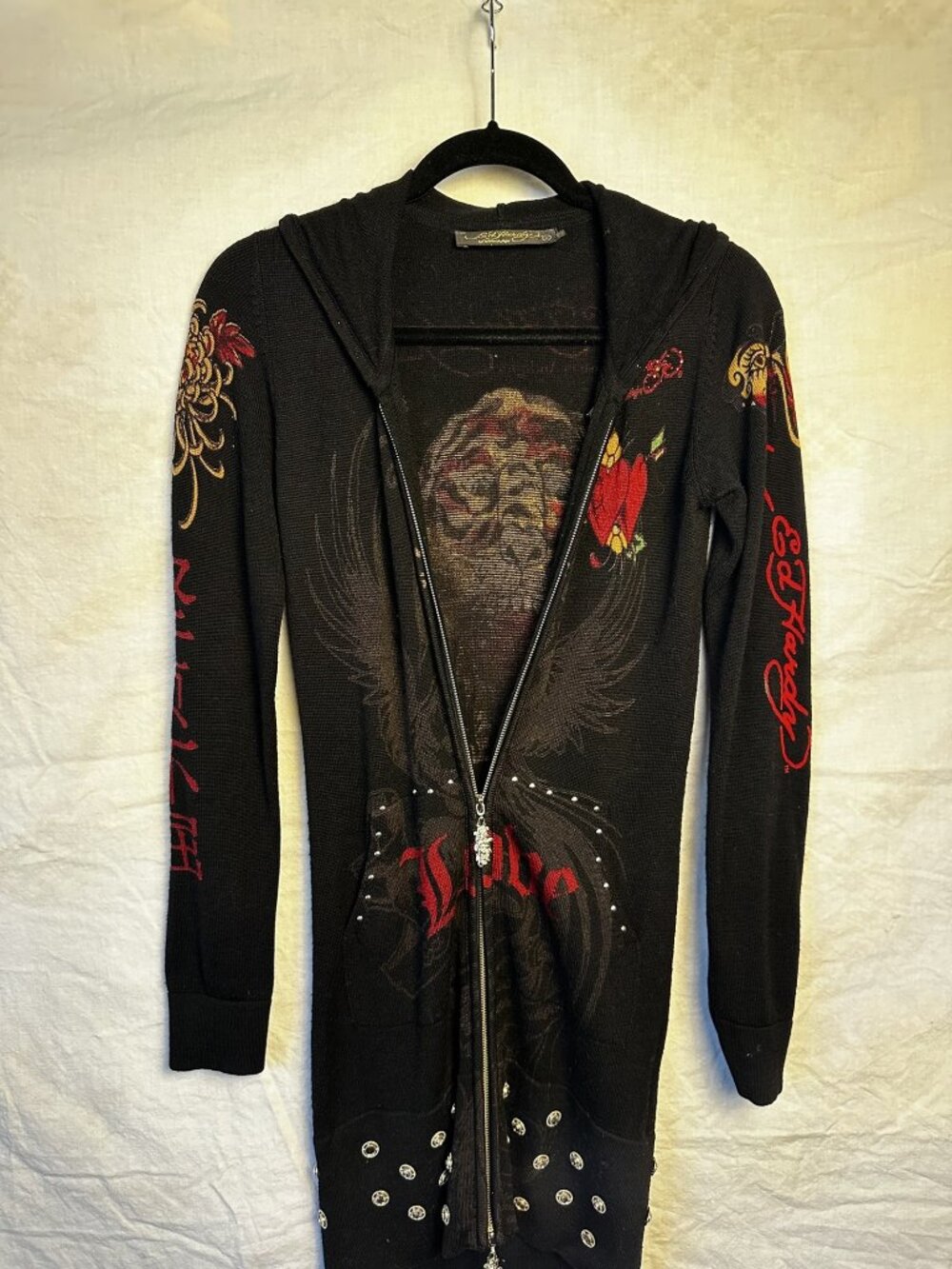 Ed Hardy by Christian Audigier Tiger Rhinestone Wool Zip Hoodie Cardigan S